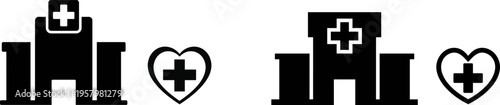 A set of two black and white hospital building icons accompanied by medical heart symbol designs
