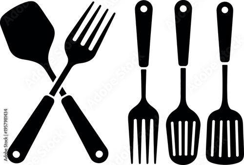Black and white illustration of various kitchen utensils crossed and aligned.