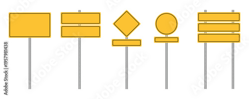 A set of road traffic sign icons with blank boards.  Yellow traffic warning signs for road safety. Highway attention road sign collection.  Warning, information concept. Vector illustration. 