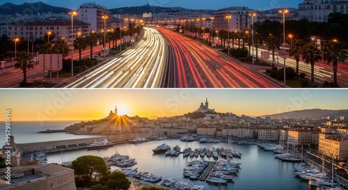 Vibrant Cityscapes: Dynamic Night Traffic Merges With Sun-Kissed Harbor Views