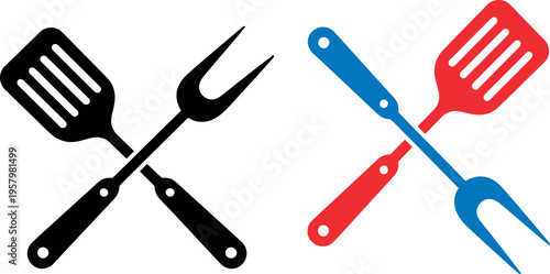 Contrasting utensil sets featuring a spatula and fork in black and white and colorful designs