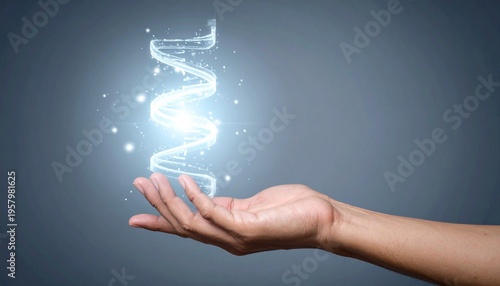 Human hand holding glowing DNA helix hologram in darkness