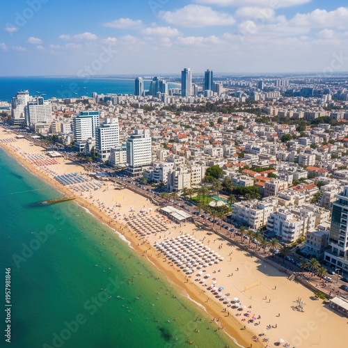 Vibrant Coastal Cityscape With Bustling Beachline And Modern Architecture