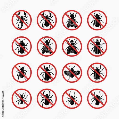 Set of Icons Representing Various Insects with a Red Circle and a Slash, Indicating Prohibition or Danger, Perfect for Pest Control Warnings and Biological Safety Applications
