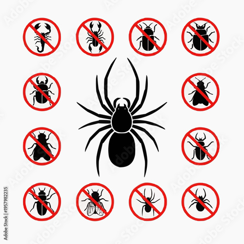 Comprehensive pest prevention and insect control icon set, featuring prohibited spiders, mosquitoes, and various unwelcome bugs for clean environments
