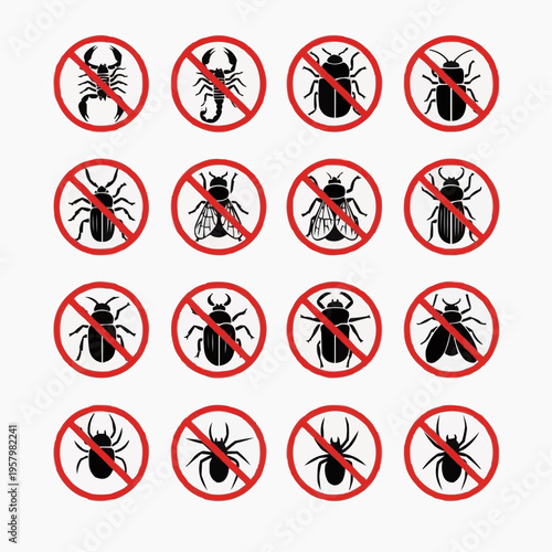 Set of sixteen circular red prohibition signs with black silhouettes of various insects and arachnids that are commonly considered pests and unwanted, indicating no entry or danger, on a white 