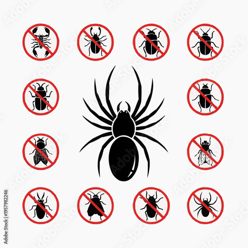 Collection of various insects and arachnids, including scorpions, beetles, spiders, and flies, depicted in black silhouette within red prohibition circles, symbolizing pest control and avoidance