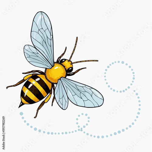 A detailed illustration of a bee in flight, with its transparent wings outstretched, showcasing its striped body and delicate antennae, set against a white background,