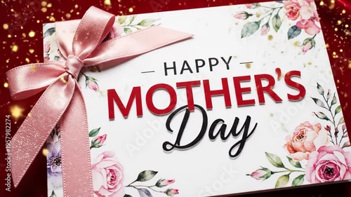 Happy mothers day card with pink ribbon and roses on red background