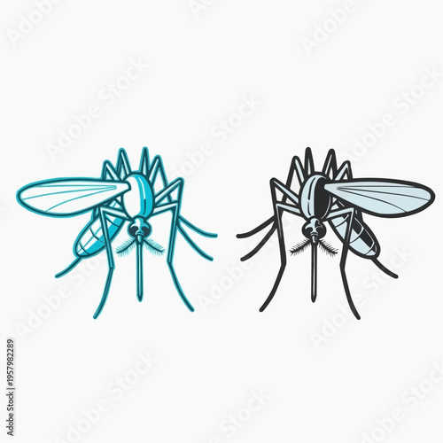 Illustration of two mosquitos, one in blue and one in black, showcasing detailed wing and leg anatomy, ideal for pest control or insect awareness campaigns