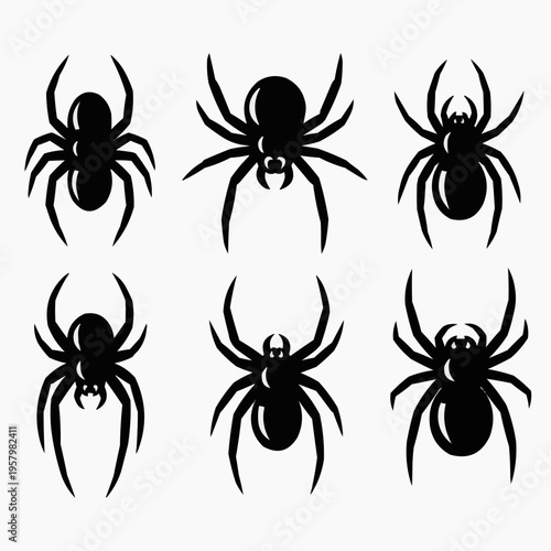 Six black spider silhouettes in a top-down perspective, featuring distinct body shapes and leg formations, isolated on a white background, perfect for Halloween and creepy crawly themes