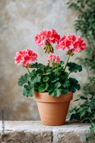 Pink geranium flowers blooming in terracotta pot