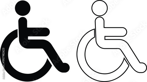Black wheelchair icon set collection group, disabled handicap accessibility symbol mobility aid silhouette outline, flat and line style vector, accessible sign icons pack, disability support pictogram