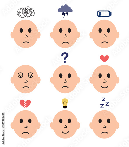 Collection man with mental problems. Stress Awareness. Anxiety. Depression. ADHD. In love. Burnout. Overthinking. Mental health. Inner peace. Flat vector set illustration.