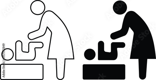 Black woman changing baby diaper icon set collection group, mother infant care symbol childcare silhouette outline, flat and line style vector, diaper changing station sign icons pack, parenting picto