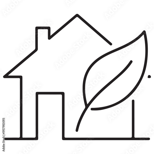 Minimalist eco-friendly house icon featuring a leaf outline, representing sustainable living, green architecture, and environmental conservation for modern real estate branding and design.