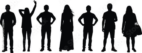 Diverse group of people silhouettes standing together in a row including men and women in various poses with a long dress and casual outfits