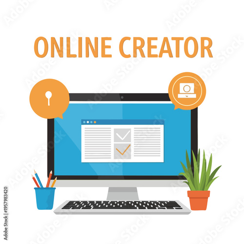 A desktop computer with keyboard, pencils, and a plant, displaying online content