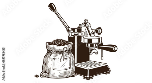 Vintage style illustration of espresso machine with coffee beans bag