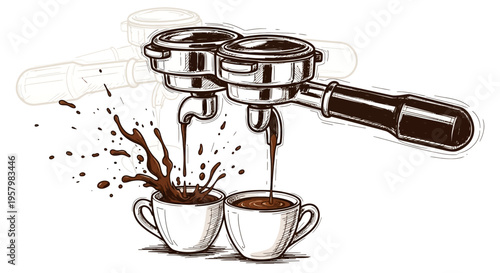 Brown espresso pouring from coffee machine into two cups