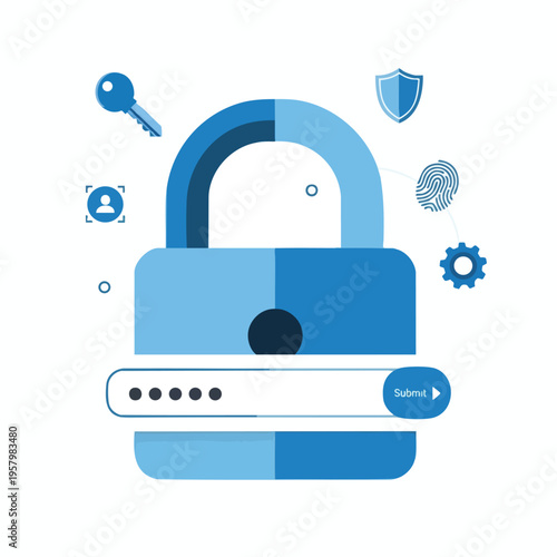 A padlock with a login field, key, shield, fingerprint, and user icon