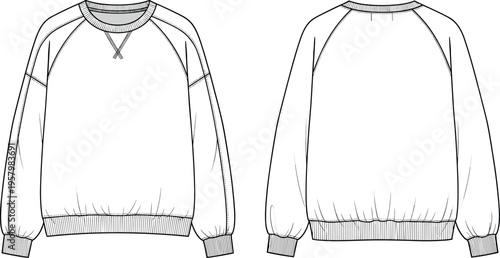 Oversize raglan sleeve sweatshirt technical flat sketch with crew neck V-insert and ribbed cuffs front and back view vector template.