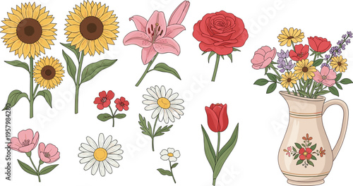 Flower vector set with sunflower, rose, tulip, lily, and daisy. Mixed floral elements and bouquet in vase. Botanical illustration for decoration and nature themed designs.