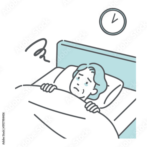 夜中に目が覚めて眠れないシニア女性のイラスト（不眠症・中途覚醒）