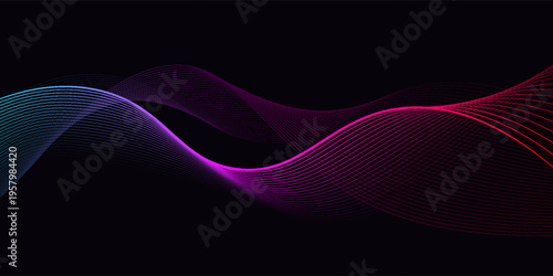 Abstract colored background with flowing wavy lines. Thin, vibrant neon light lines create a glowing effect. Bright shades of blue, purple and red smoothly transition into dark tones and black.