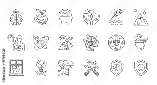 Mental Health and Wellness Thin Line Icon Set for Self Care Design