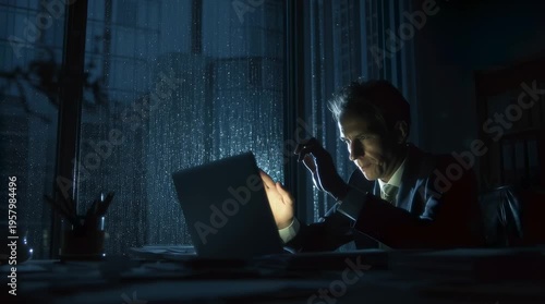 Lawyer reviewing case files late night, dim office lighting, laptop screen focused face, rain hitting window outside, cinematic moody atmosphere, realistic office textures, UHD 4K legal concept