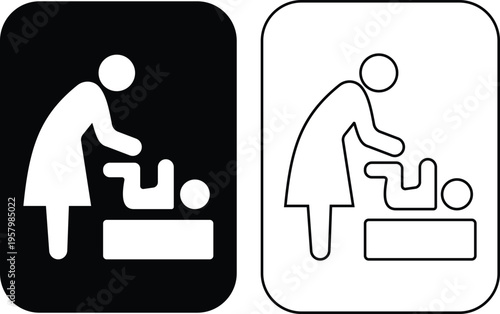 Black woman changing baby diaper icon set collection group, mother infant care symbol childcare silhouette outline, flat and line style vector, diaper changing station sign icons pack, parenting picto