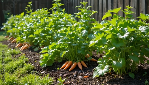 Backyard vegetable garden with carrots, lettuce and peppers, bright natural light