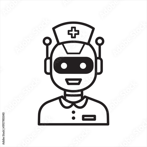 Futuristic robot nurse line icon, medical android assistant vector illustration, healthcare artificial intelligence bot with nursing cap and cross