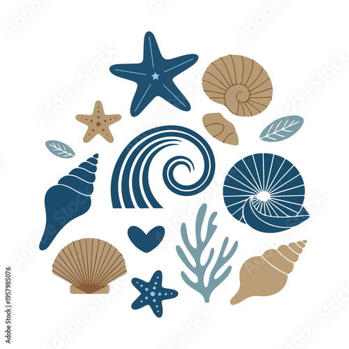 Minimalist Sea Life Vector Illustration with Shells and Starfish. Coastal Ocean Elements Collection in Blue and Gold Tones. Modern Summer Beach Concept Illustration on White Background. 