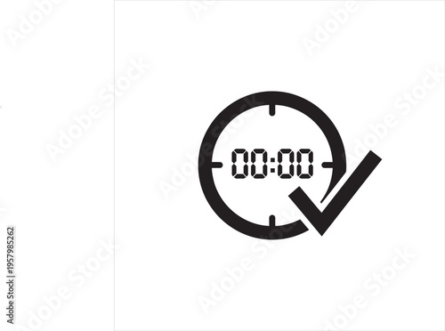 Black and white vector icon of a timer clock displaying 00:00 with a checkmark, representing completion or accuracy