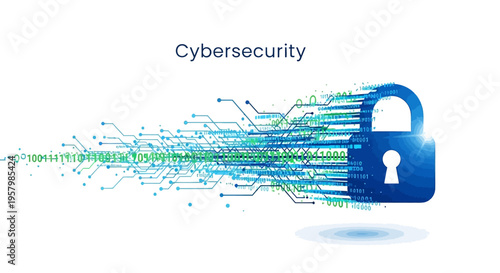 Illustration of a blue padlock with green and blue circuit lines emanating from it, symbolizing data protection and network security against a clean white background with a sense of digital