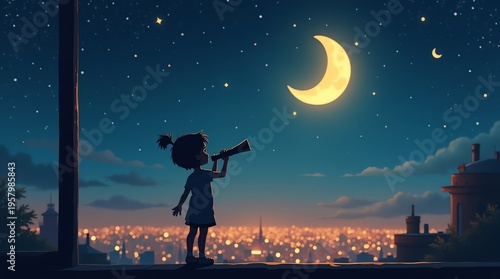 A whimsical digital illustration featuring the silhouette of a young girl with a ponytail standing on a rooftop, looking through a telescope at a glowing crescent moon and stars above a sprawling, war