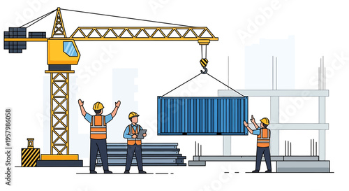 Construction workers with crane lifting steel.