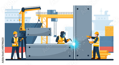Workers operating industrial welding machinery.