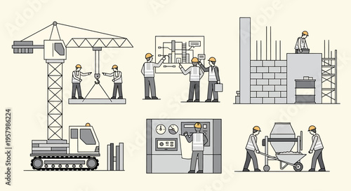 Construction workers at a building site.