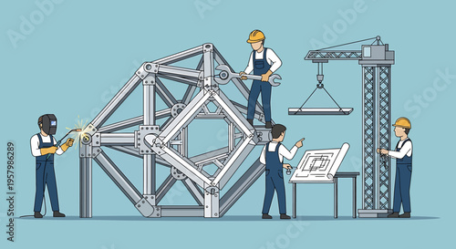 Workers assembling metal construction framework.