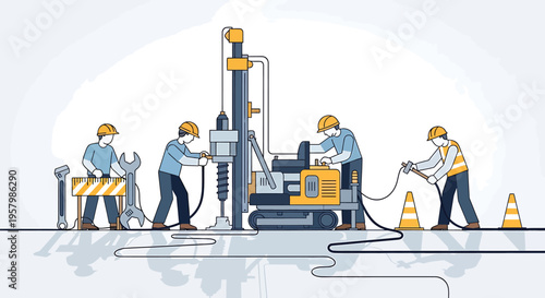 Workers operating industrial drilling equipment.