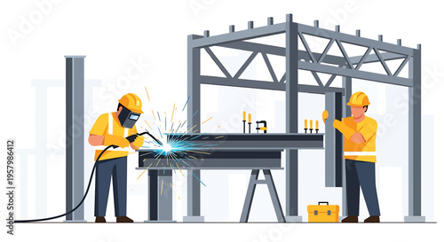 Two workers welding in industrial setting.