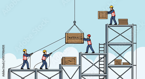 Workers moving heavy wooden crates.