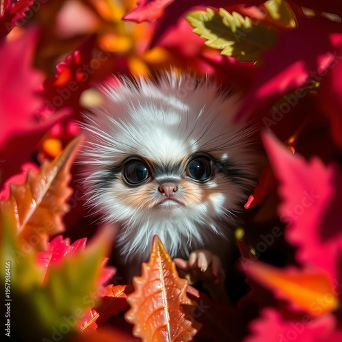 A tiny, energetic fluffball with wide eyes, framed by exaggerated, saturated foliage,  macro,  nature
