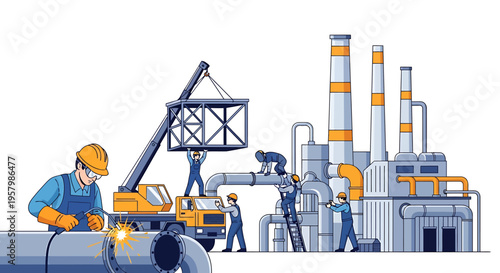 Workers Constructing Industrial Pipe System.