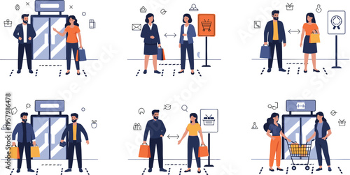 Retail shopping scenes with customers and sales assistants store interactions vector illustration