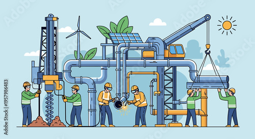 Workers constructing industrial facility section.