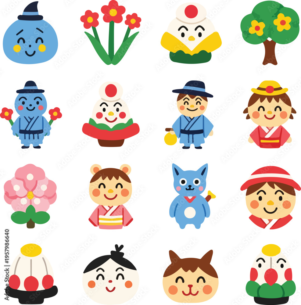Obraz premium Japanese Hinamatsuri and Spring Festival Flat Icon Set with Kawaii Characters and Floral Elements